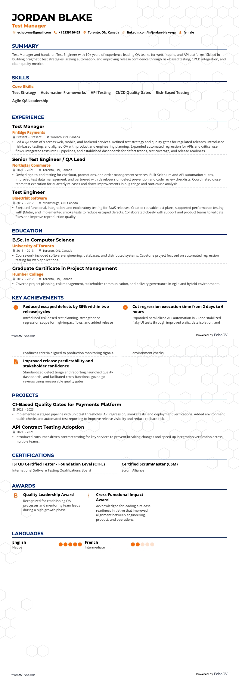 테스트 매니저 example resume