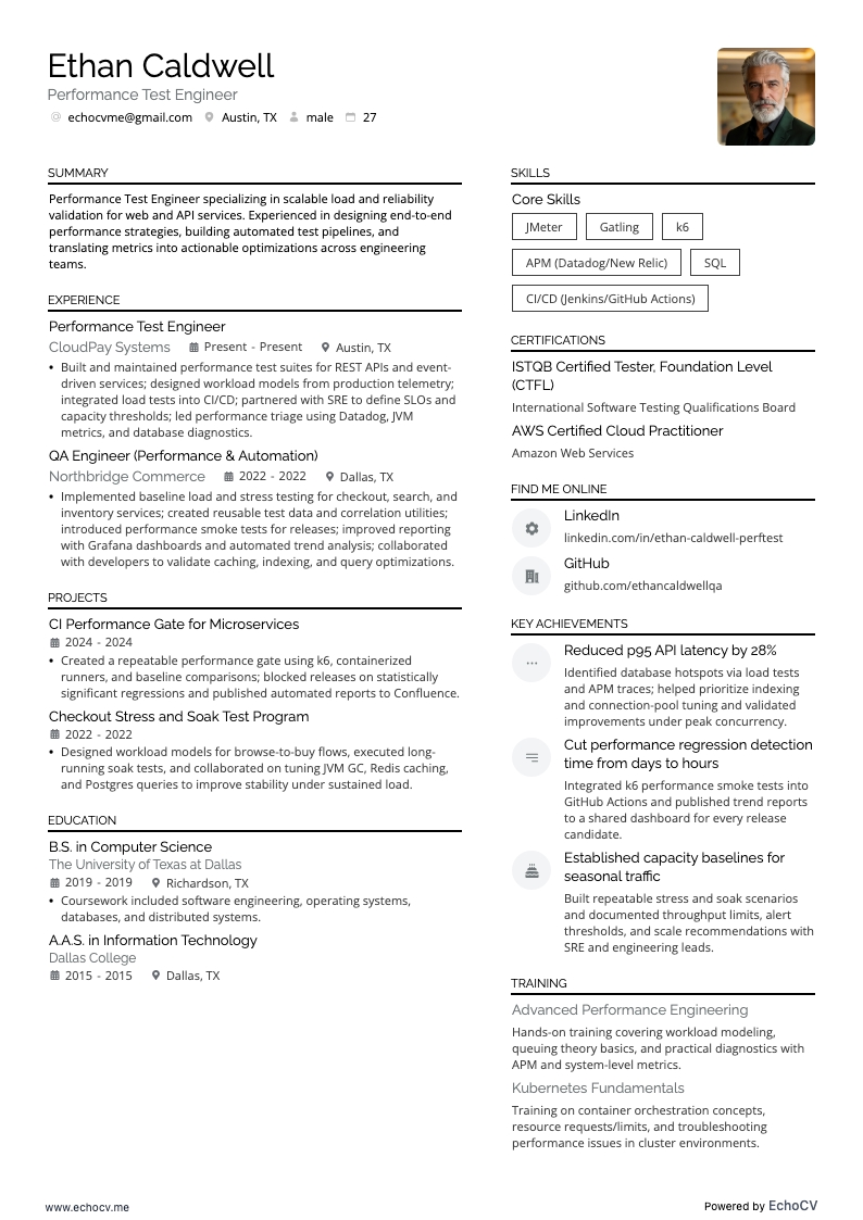 성능 테스트 엔지니어 example resume