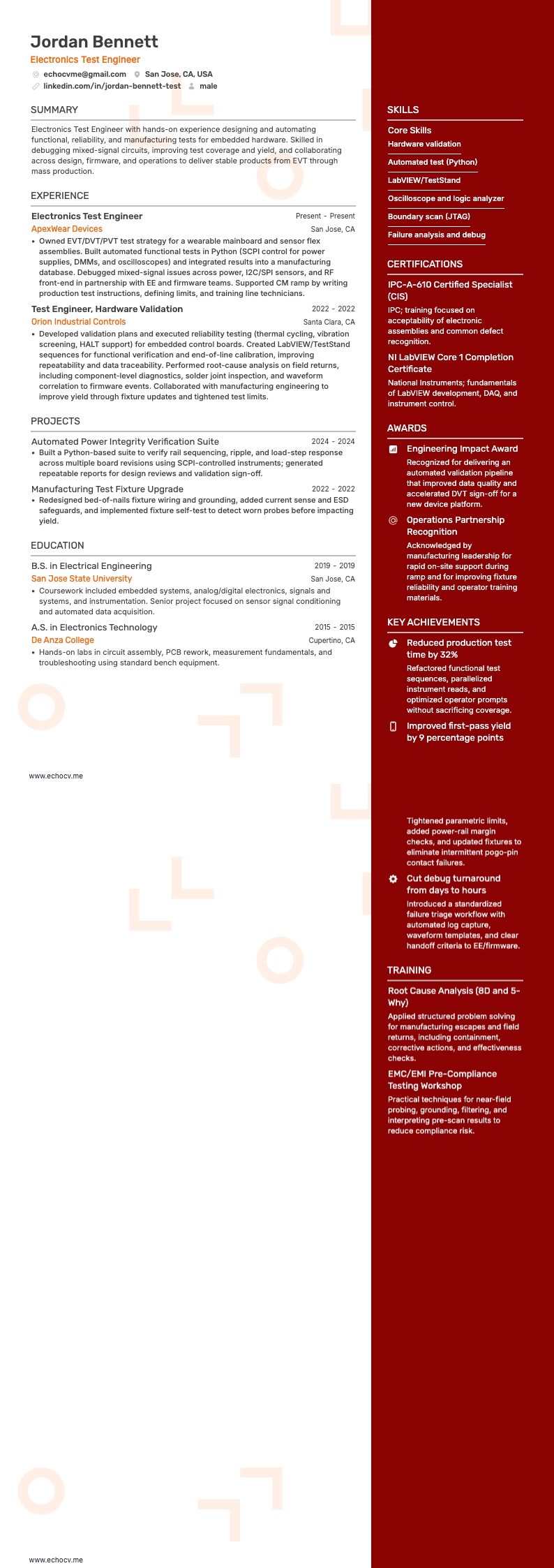 전자 테스트 엔지니어 example resume