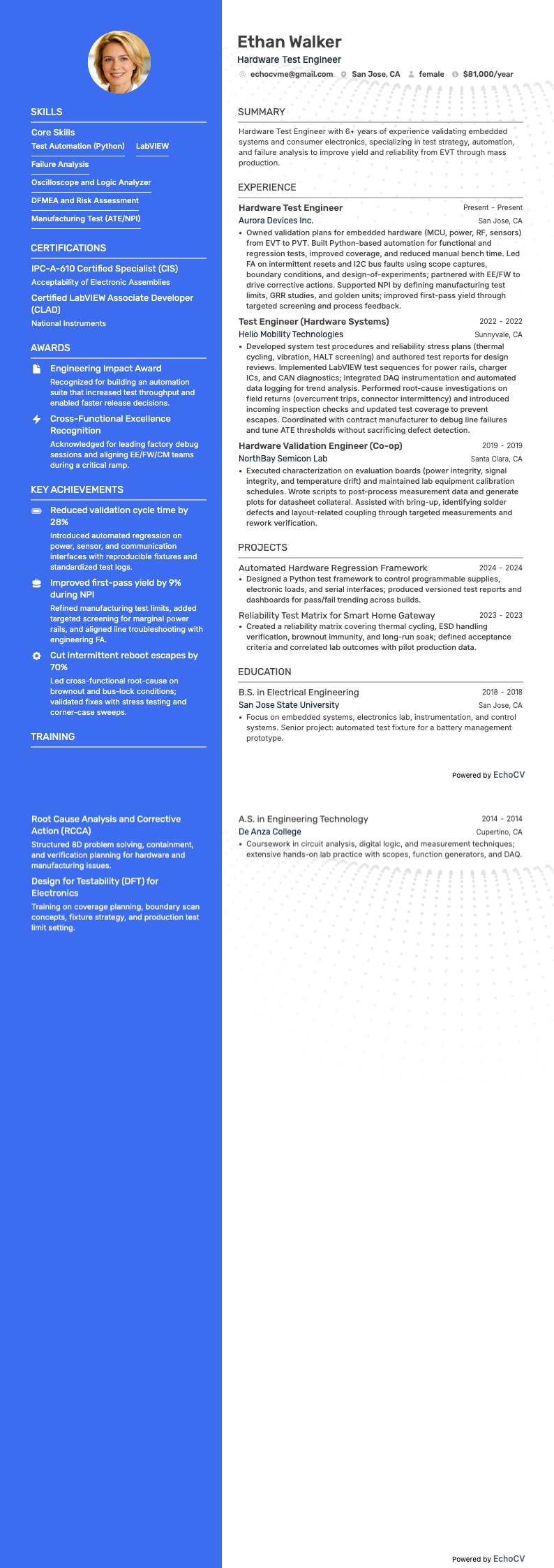 하드웨어 테스트 엔지니어 example resume