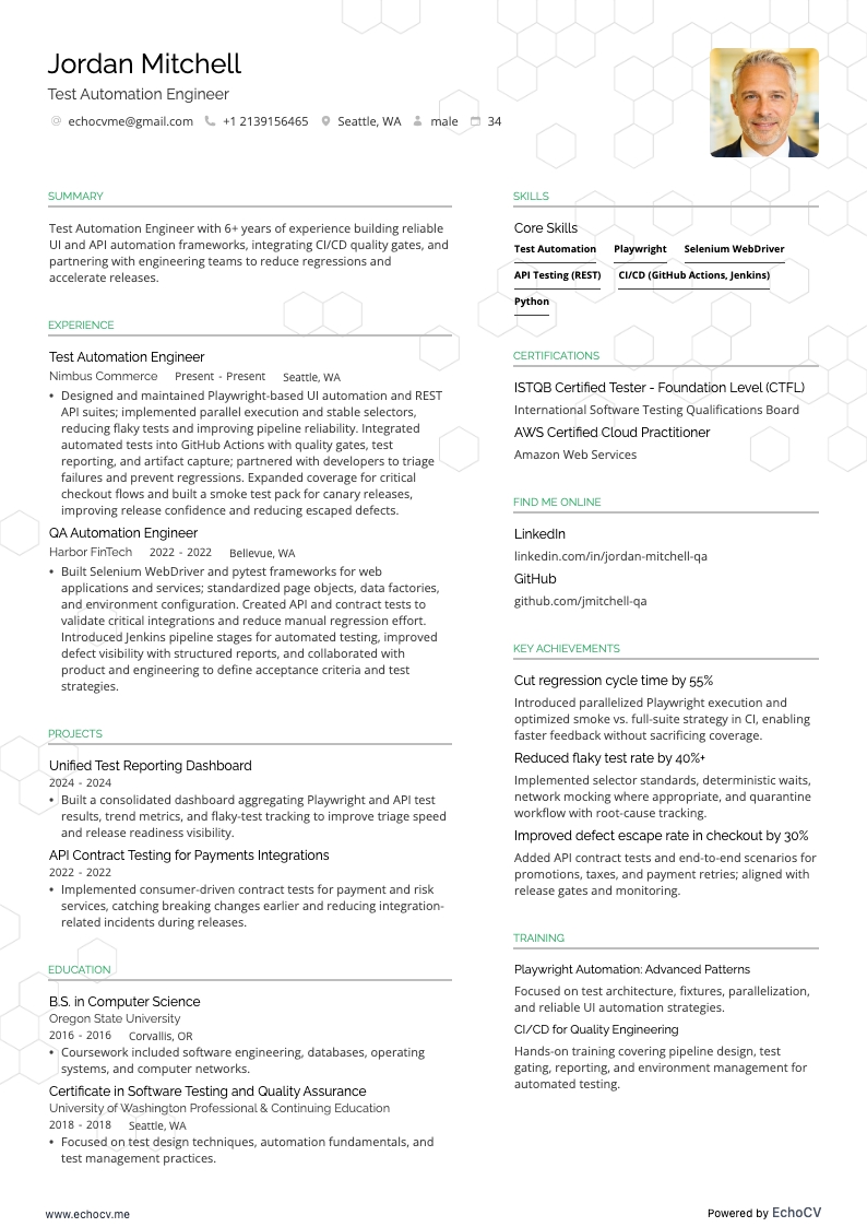 테스트 자동화 엔지니어 example resume