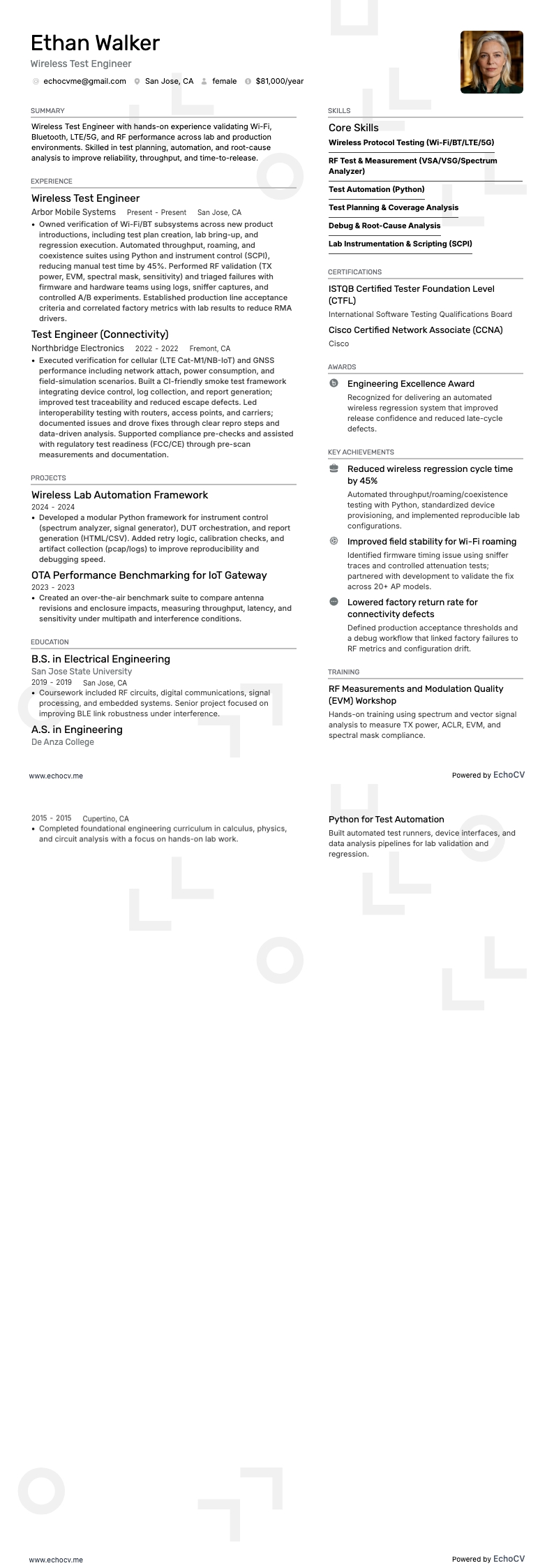 무선 테스트 엔지니어 example resume