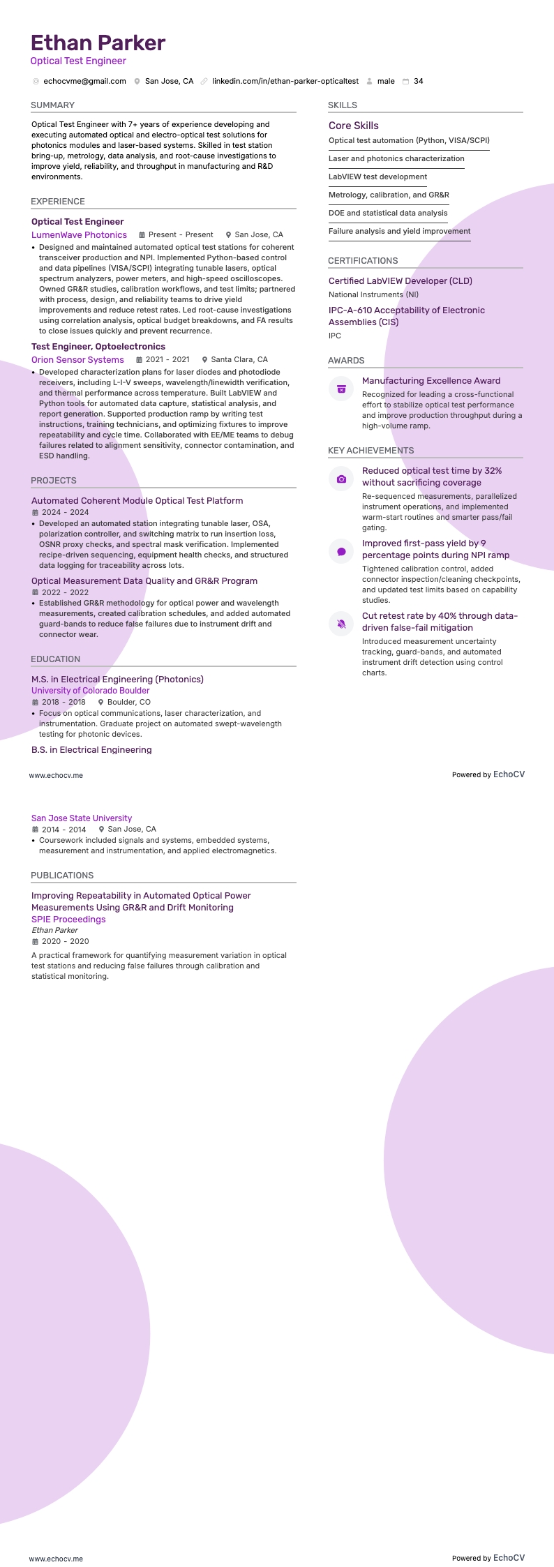 광학 테스트 엔지니어 example resume