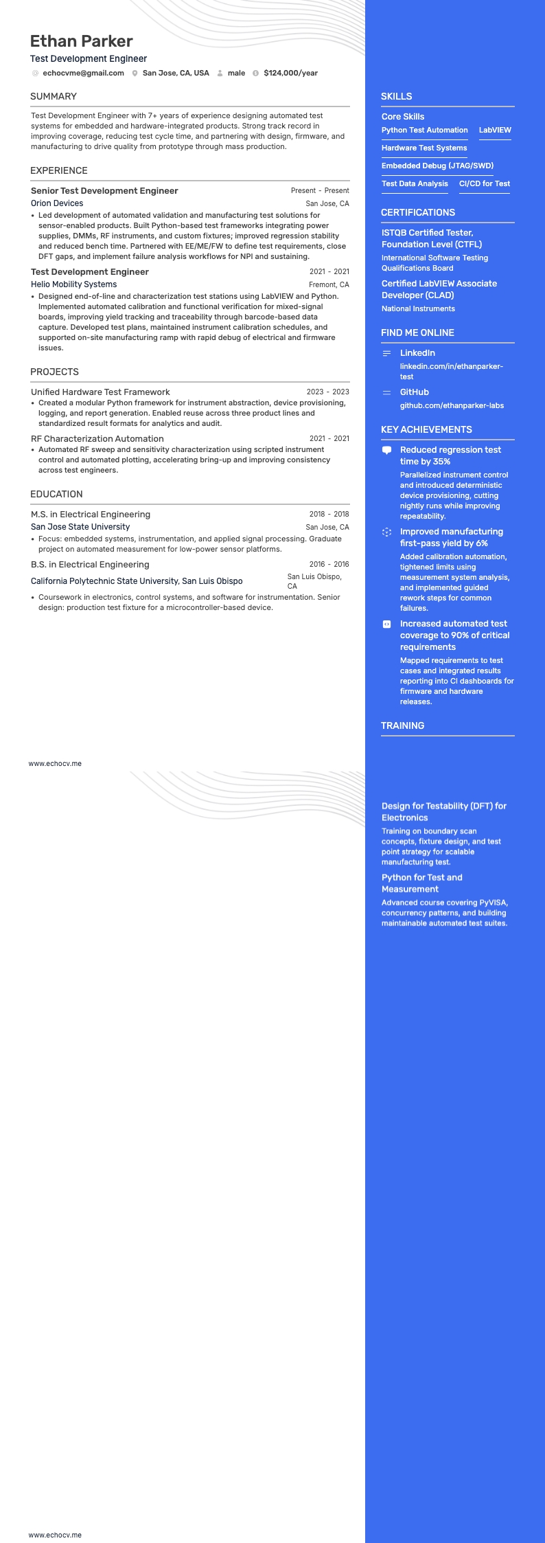 테스트 개발 엔지니어 example resume