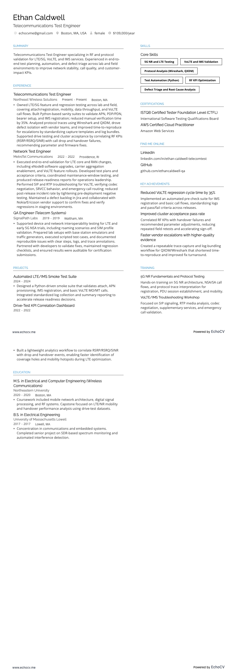 통신 테스트 엔지니어 example resume