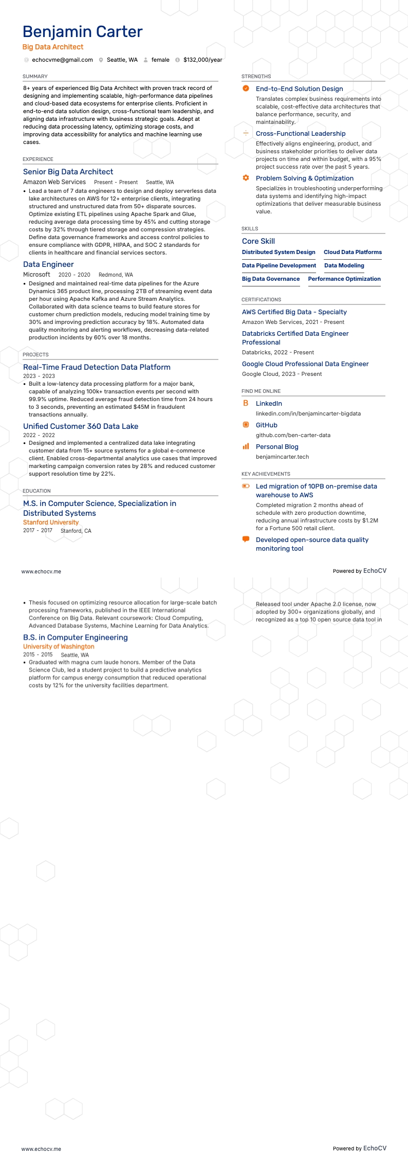 Arquiteto de Big Data example resume