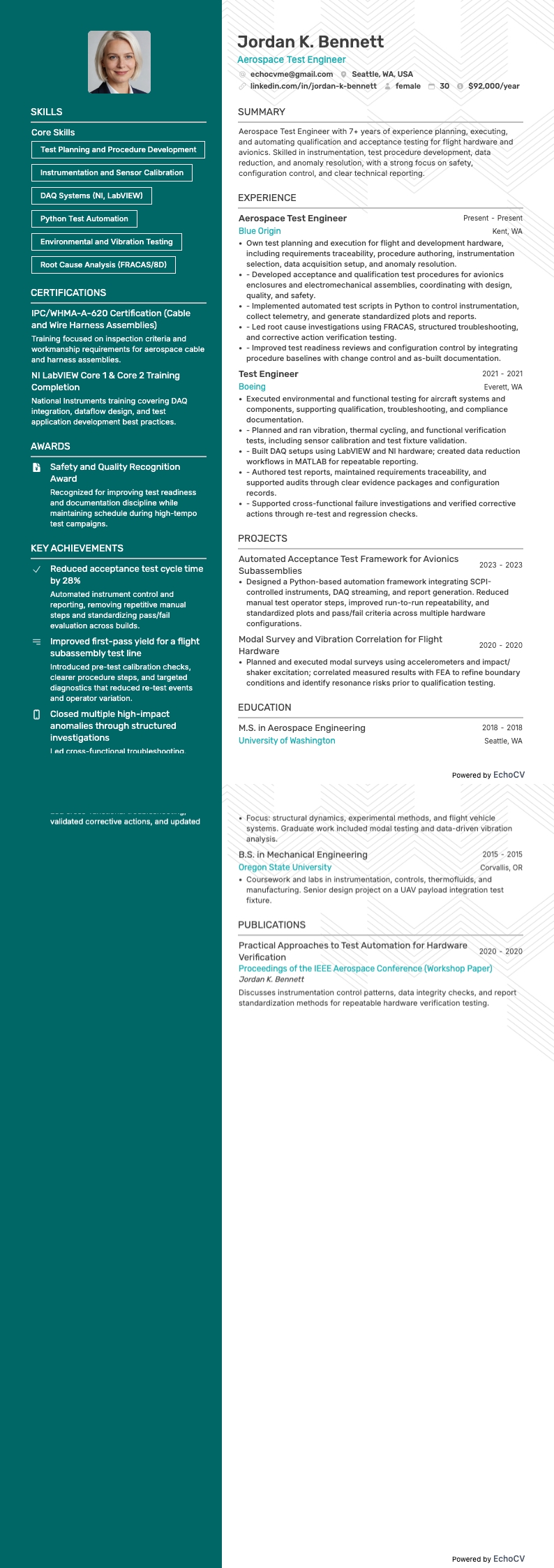 항공우주 시험 엔지니어 example resume