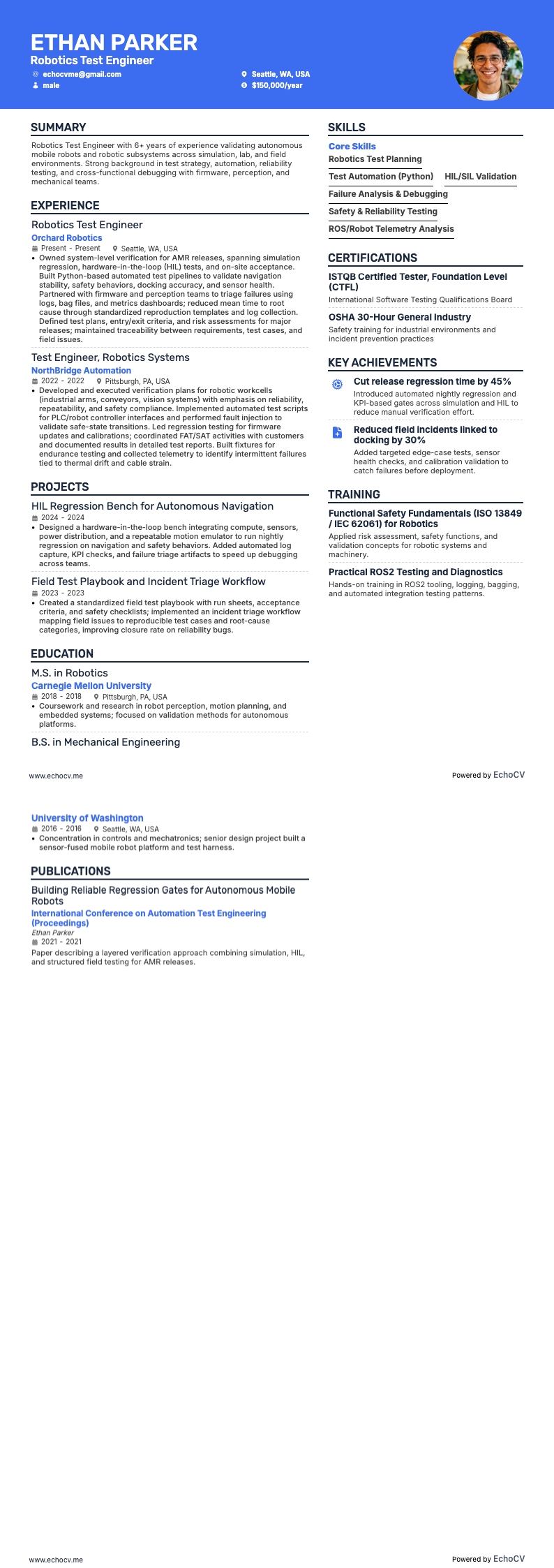 로봇 테스트 엔지니어 example resume