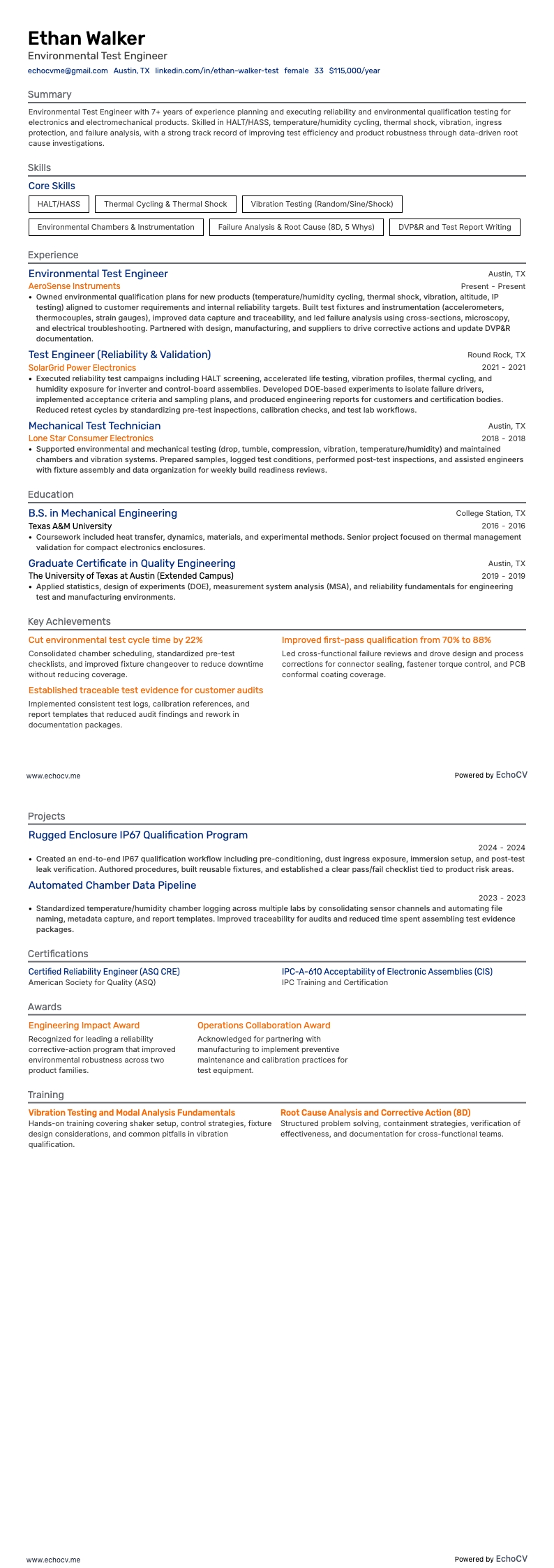 환경 시험 엔지니어 example resume