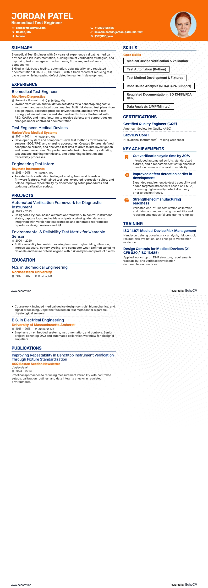 생체의공학 테스트 엔지니어 example resume