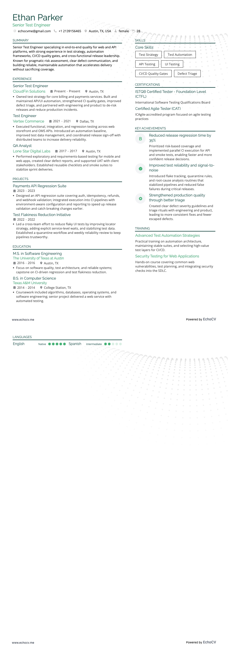 시니어 테스트 엔지니어 example resume