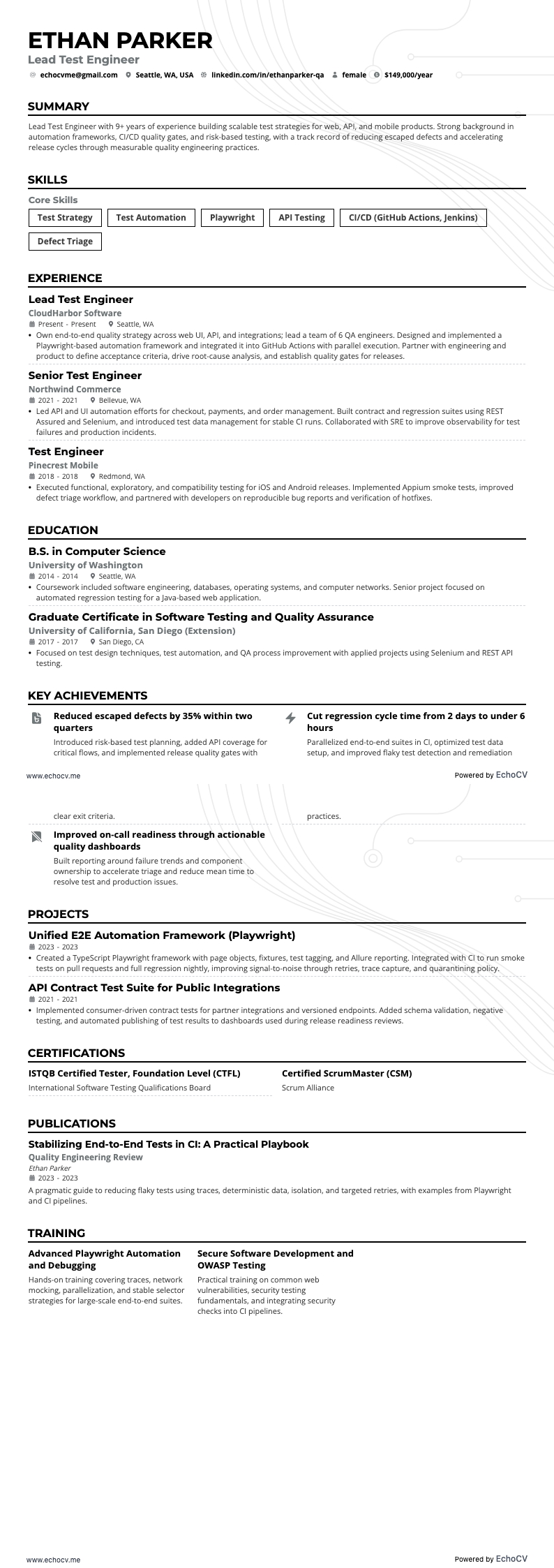 수석 테스트 엔지니어 example resume