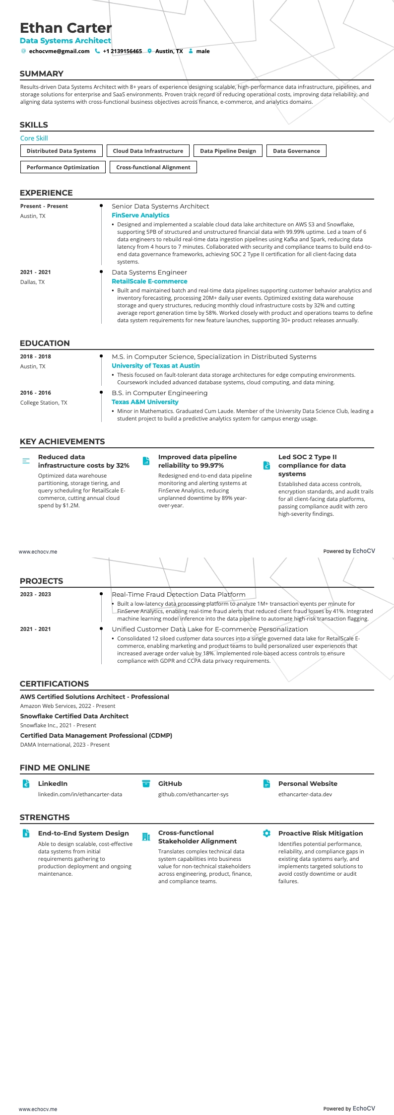 Arquiteto de sistemas de dados example resume