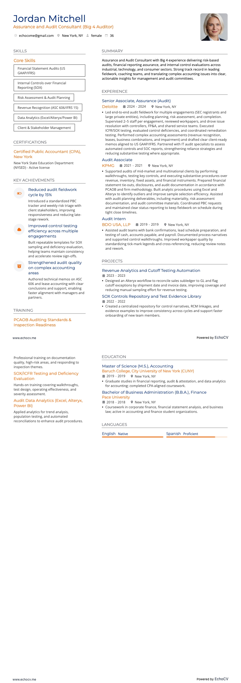 Consulente in assurance e audit resume example