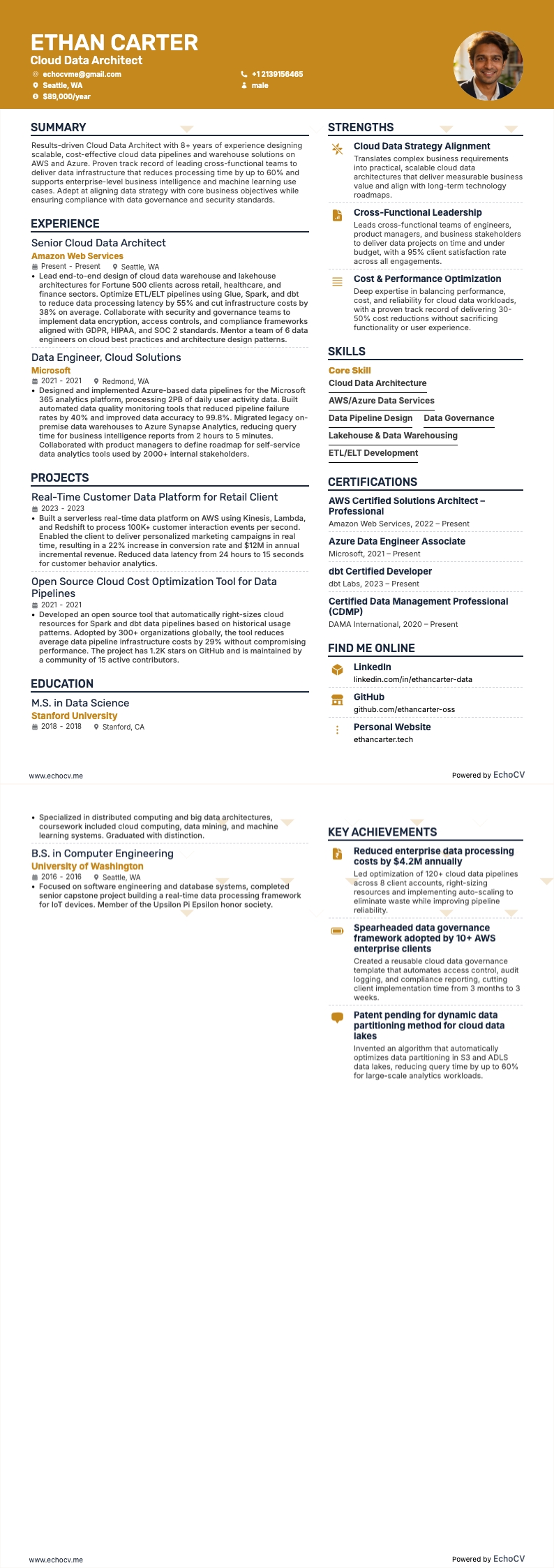 Arquiteto de Dados em Nuvem example resume