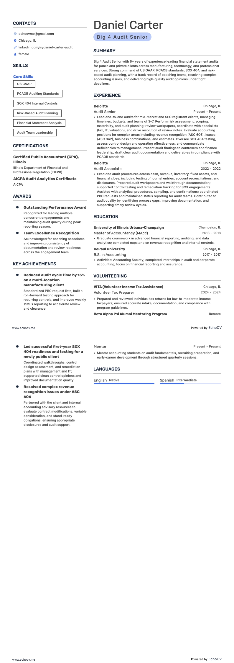 Auditeur Big 4 resume example