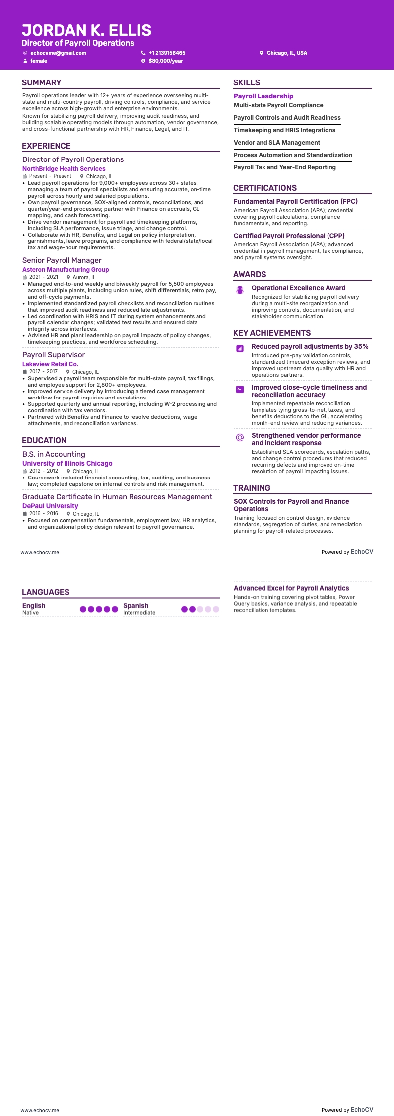 급여 총괄 이사 resume example