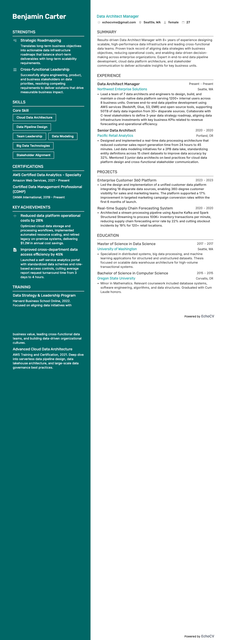 Gerente de Arquitetura de Dados example resume