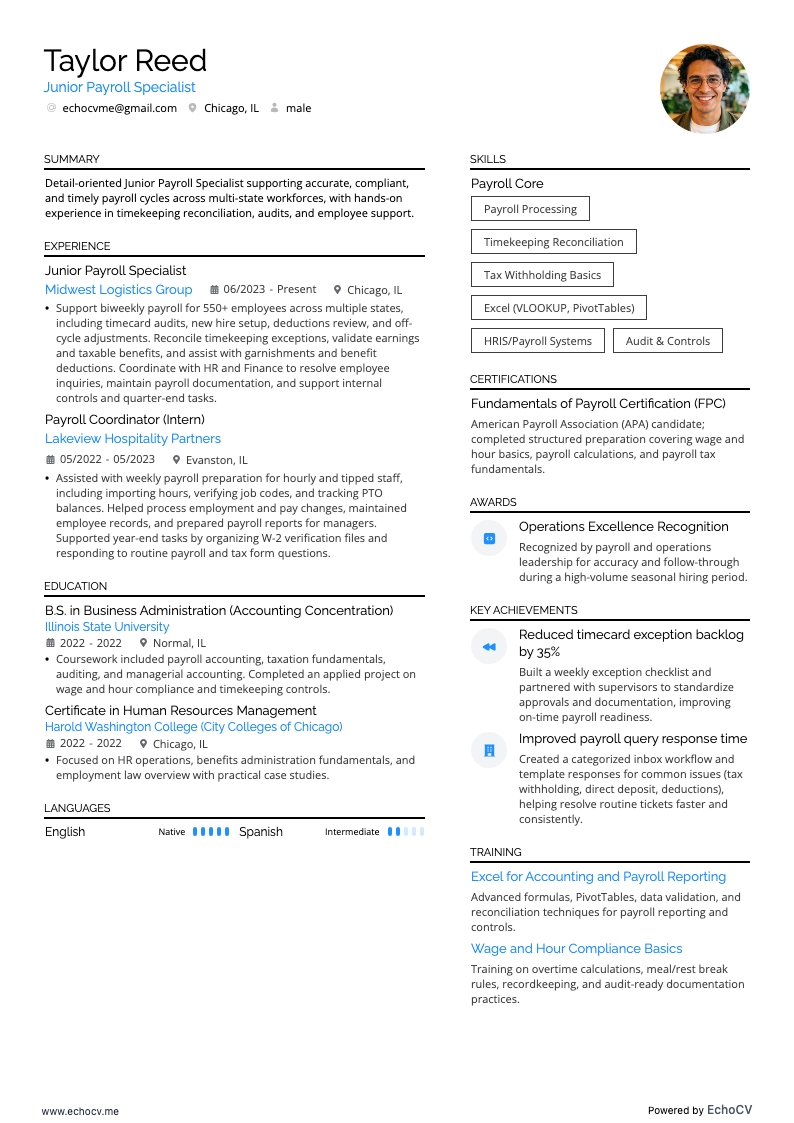 주니어 급여 담당 전문가 example resume
