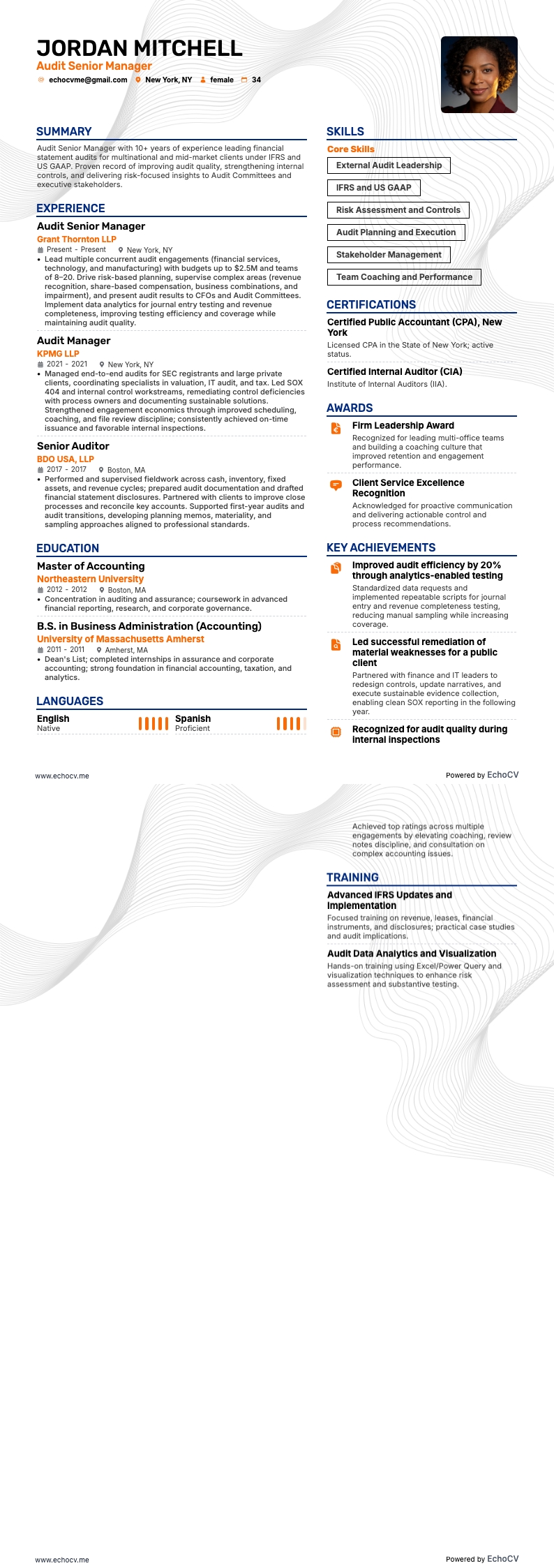 Gerente de Auditoria resume example