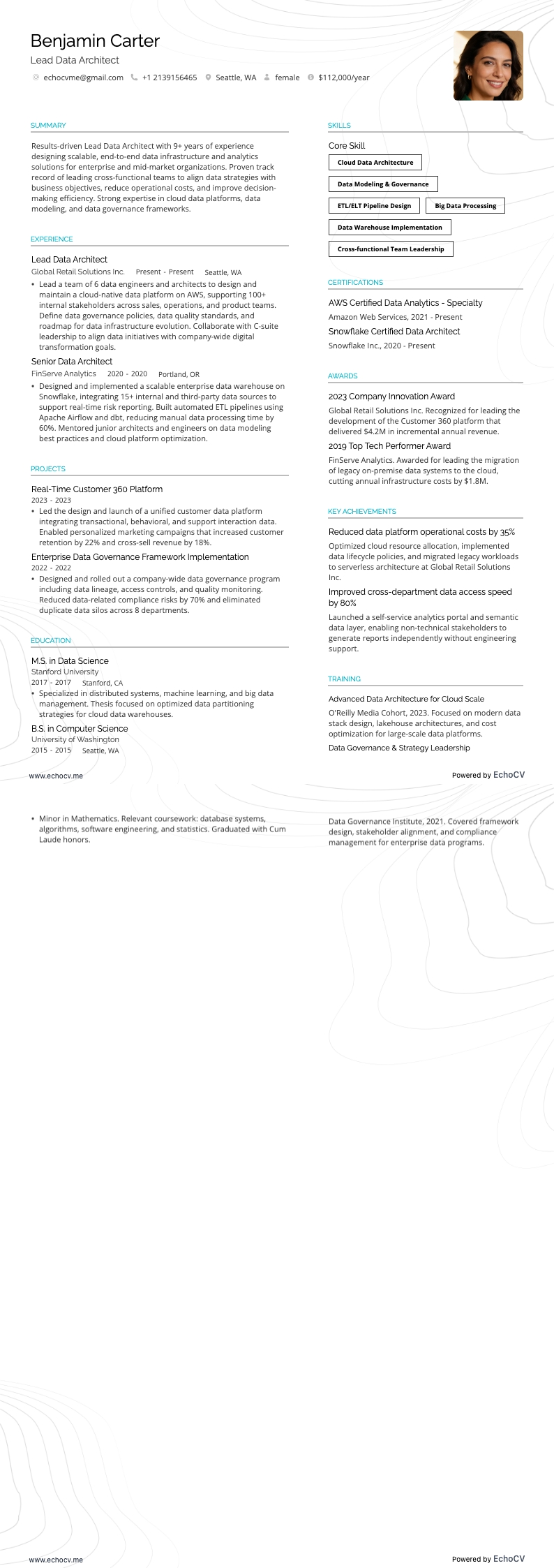 Arquiteto de Dados Principal example resume