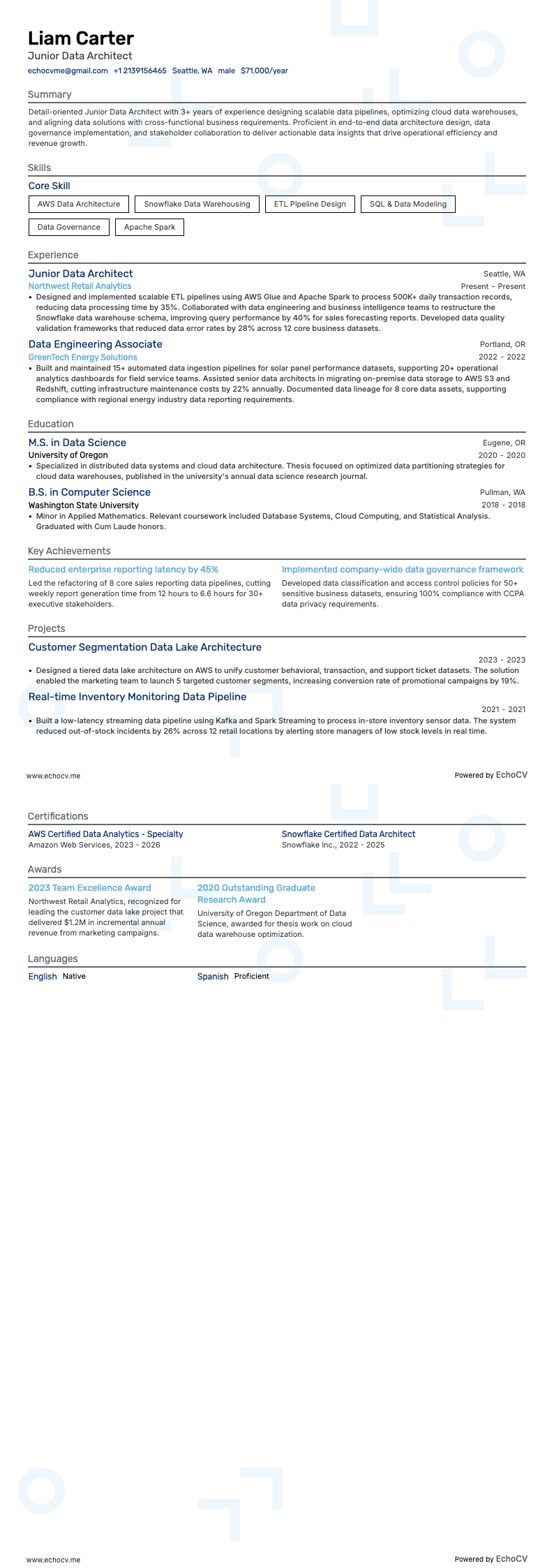 Arquiteto de Dados resume example
