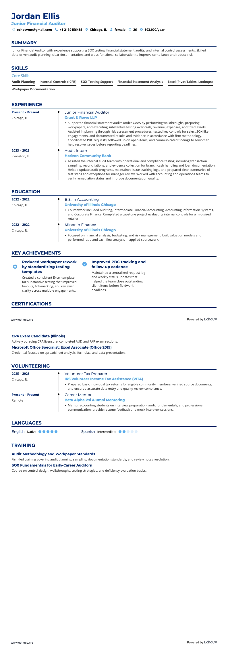 Junior Financial Auditor example resume