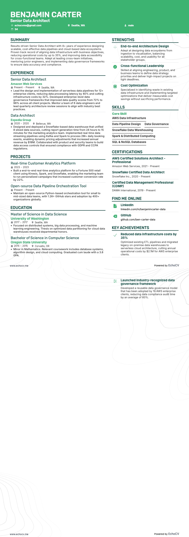 Arquiteto de Dados Sênior example resume