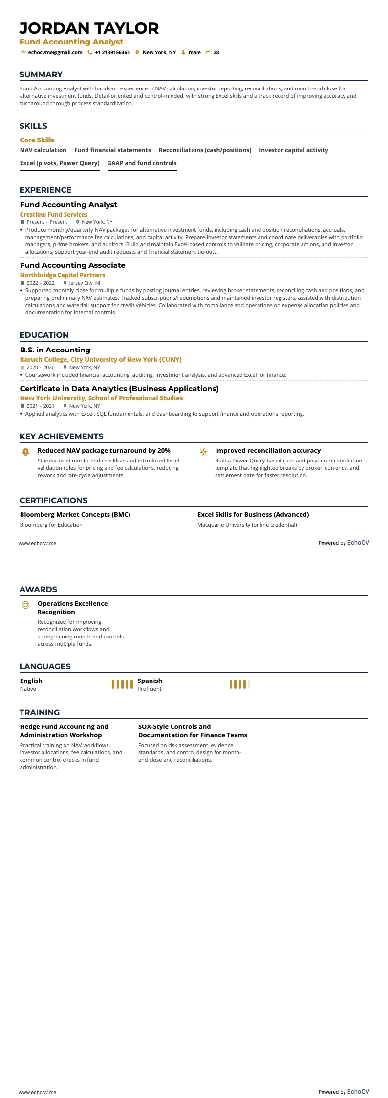 Analista de contabilidade de fundos example resume