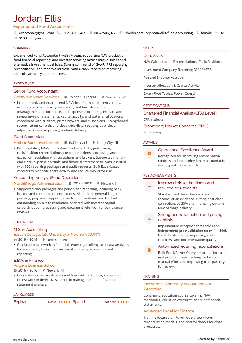 Contabilista de fundos experiente example resume