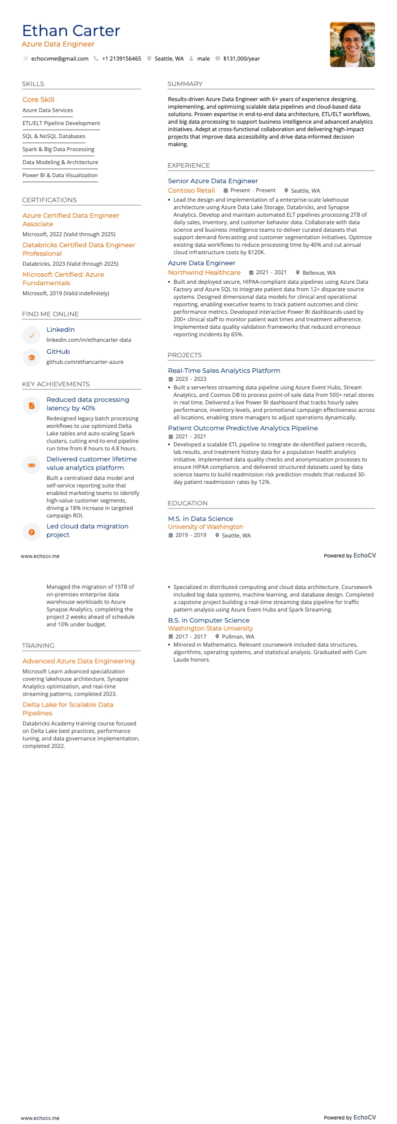 Kỹ sư dữ liệu Azure example resume