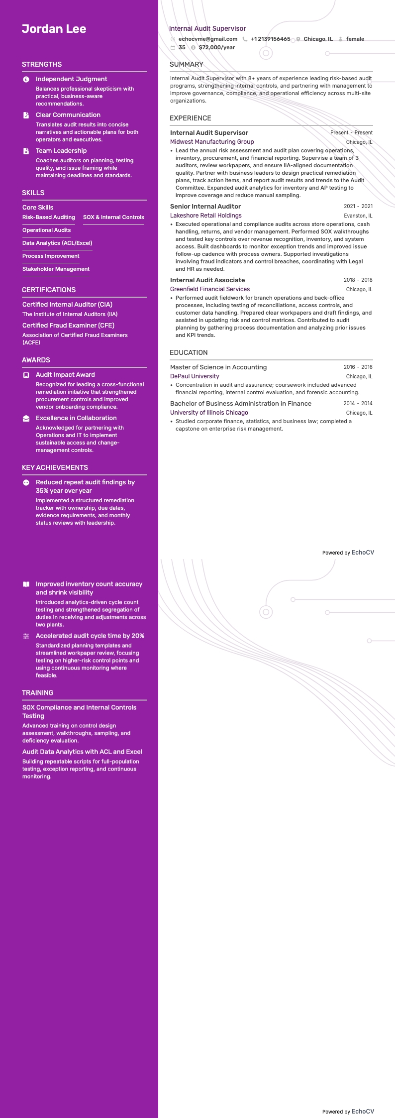 Internal Audit Supervisor example resume