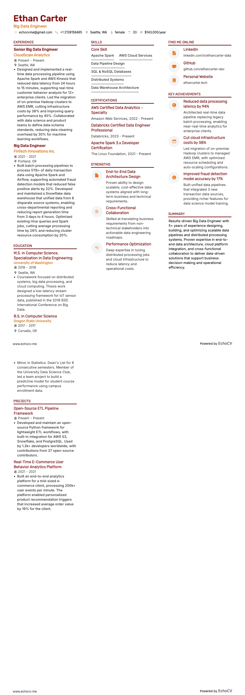 Kỹ sư Dữ liệu lớn example resume