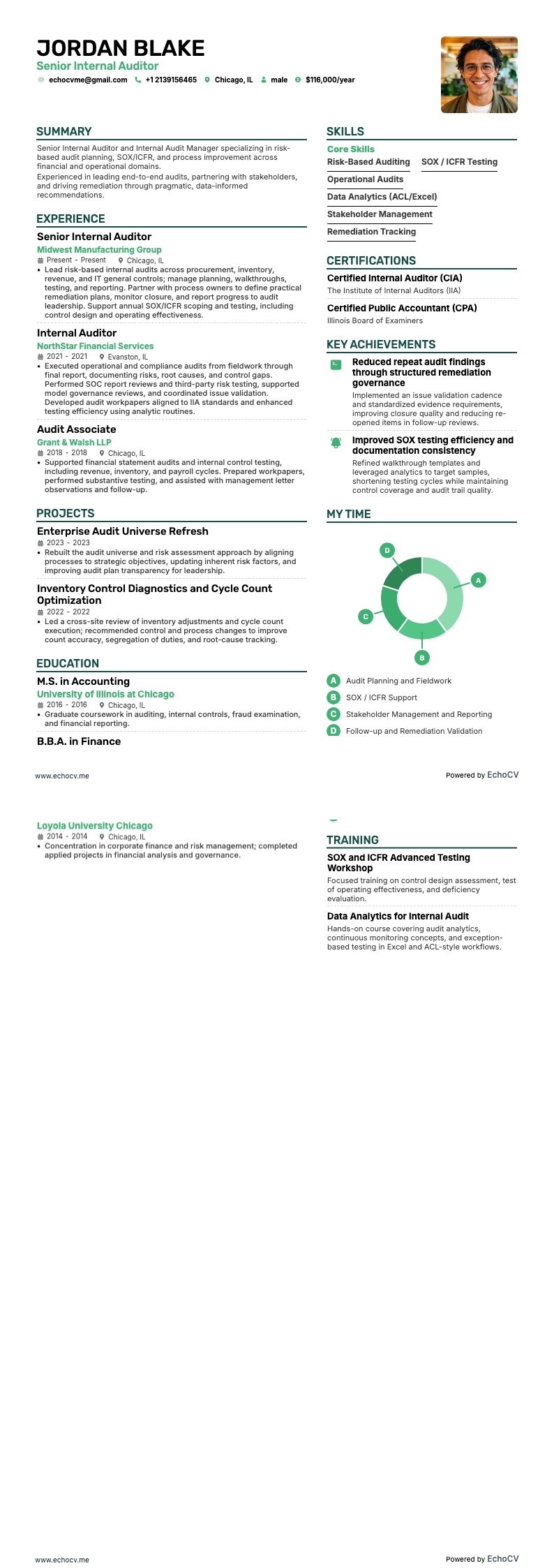 Senior Internal Auditor example resume