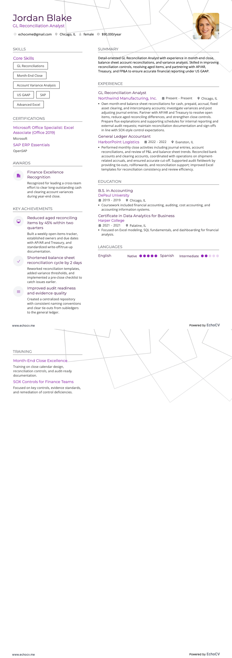 GL 조정 분석가 example resume