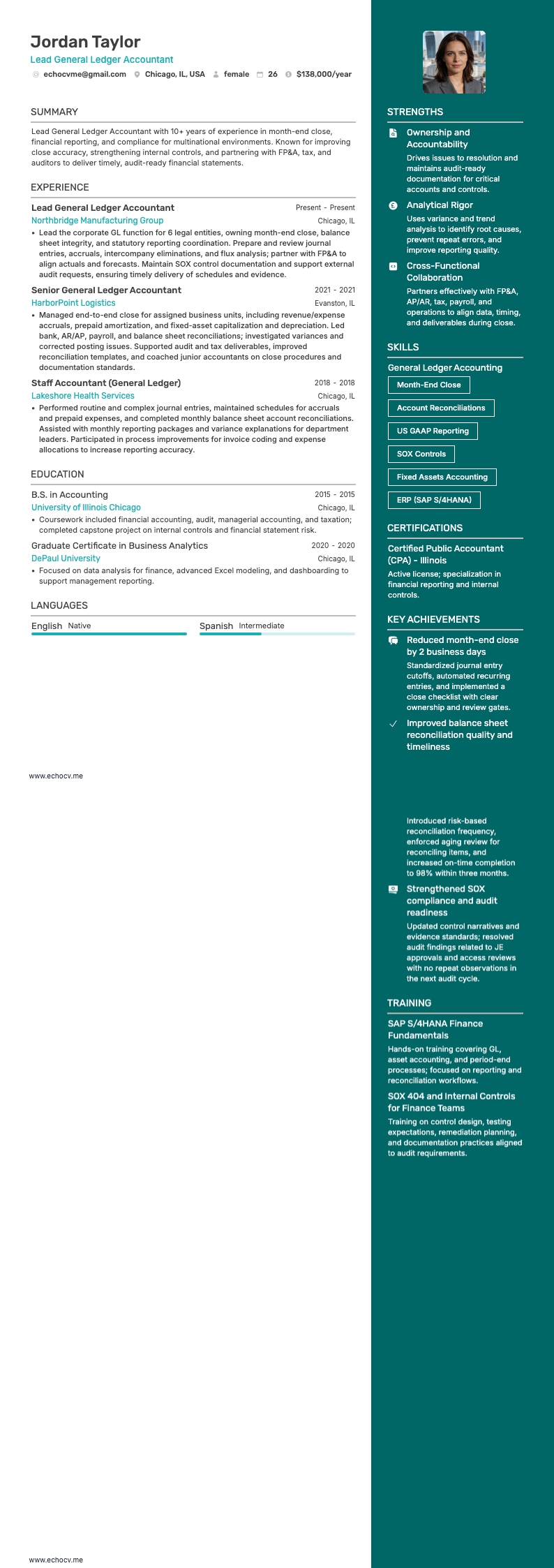 수석 총계정원장 회계사 example resume