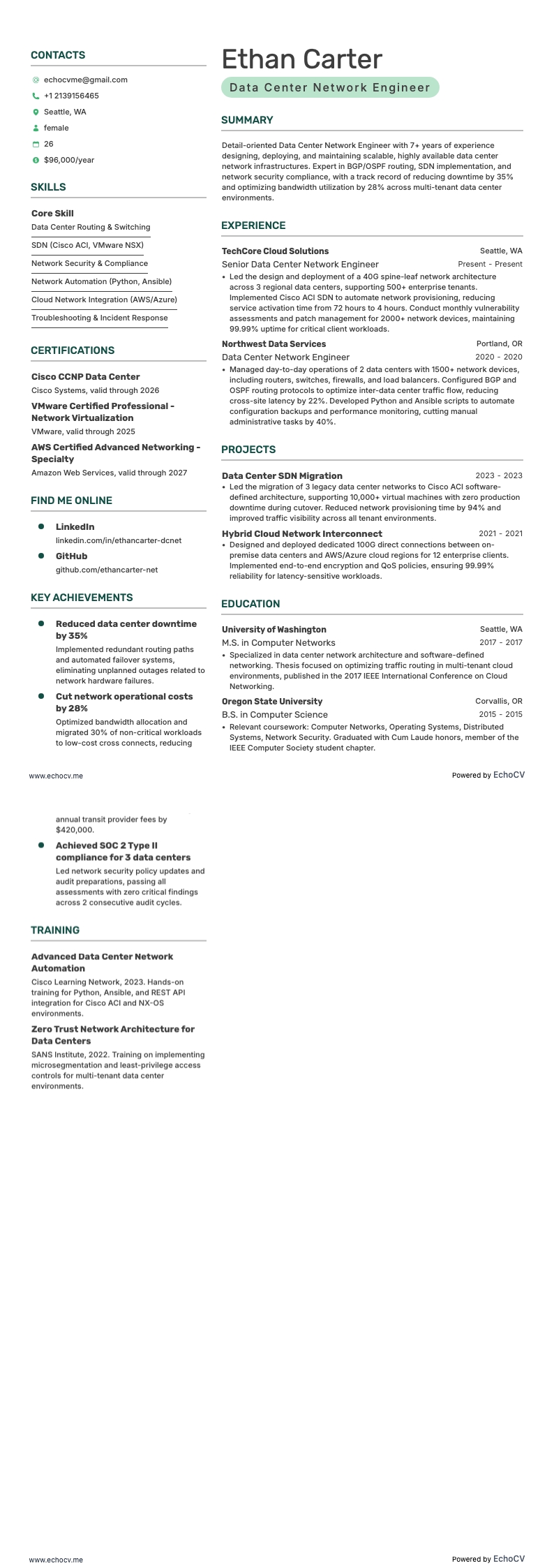 Kỹ sư mạng trung tâm dữ liệu example resume