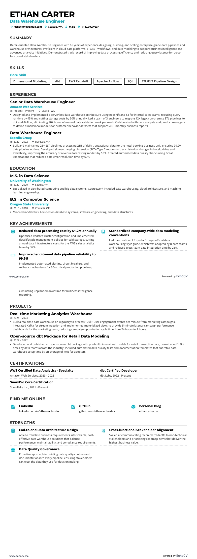 Kỹ sư kho dữ liệu example resume