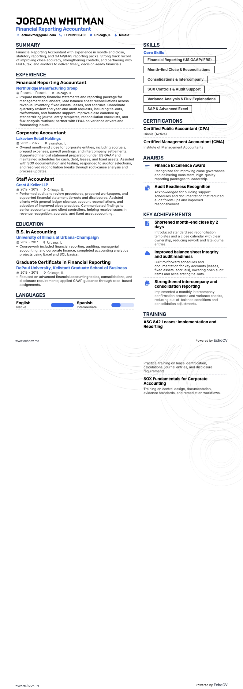 Financial Reporting Accountant example resume