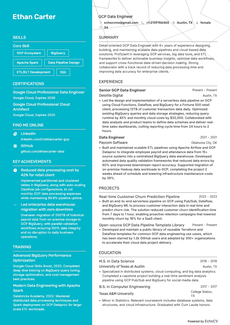 Kỹ sư dữ liệu GCP example resume