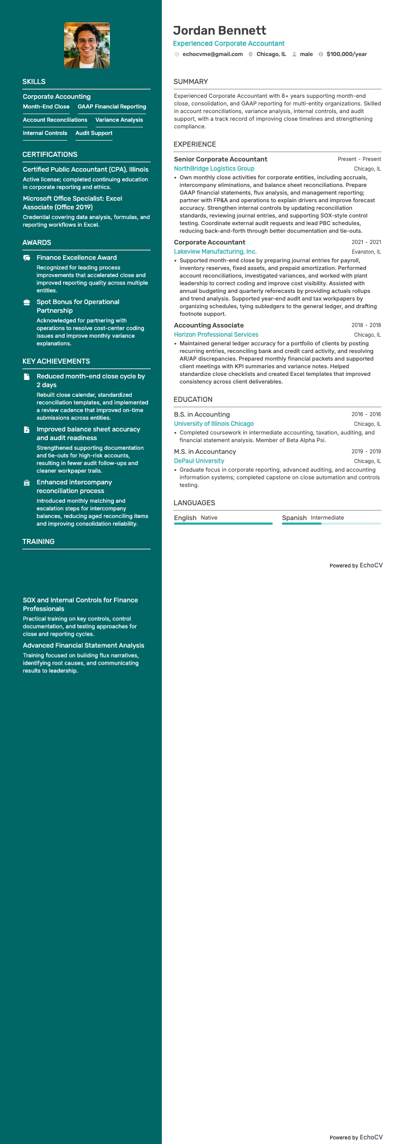 Experienced Corporate Accountant example resume