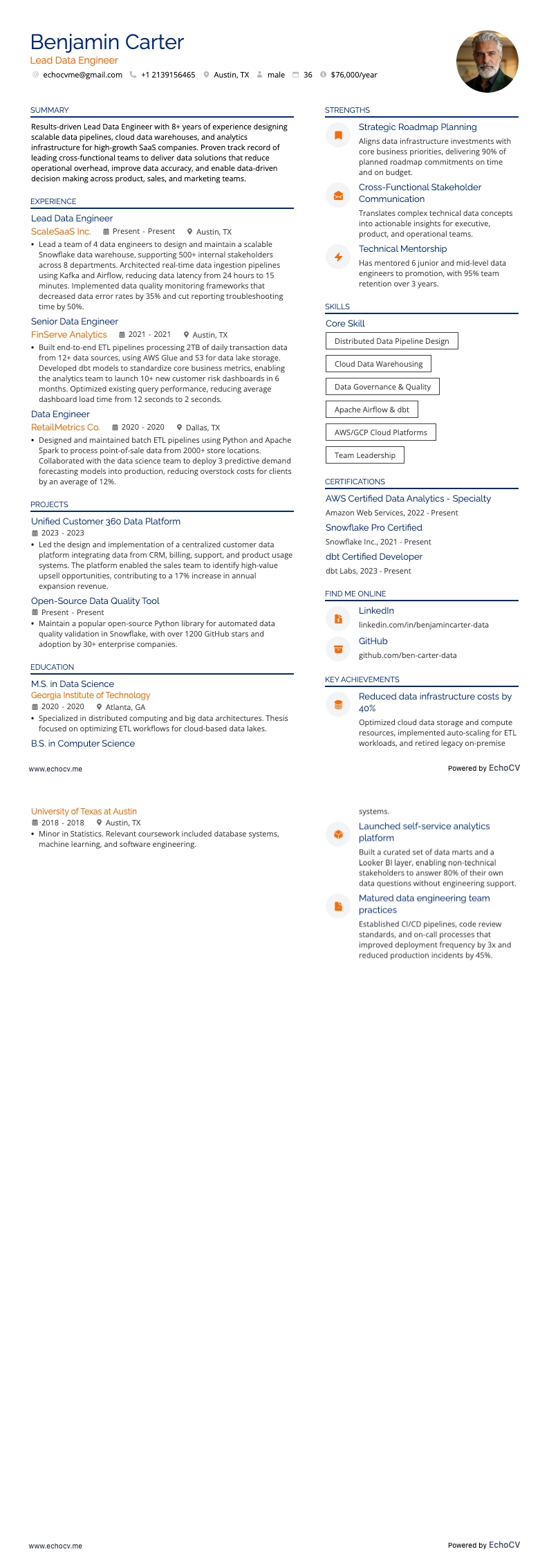 Kỹ sư dữ liệu trưởng example resume