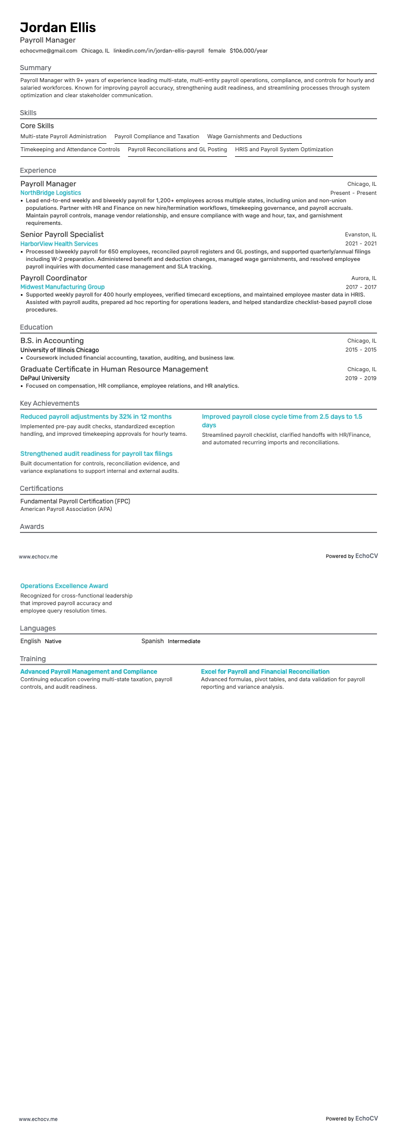 薪資經理 example resume