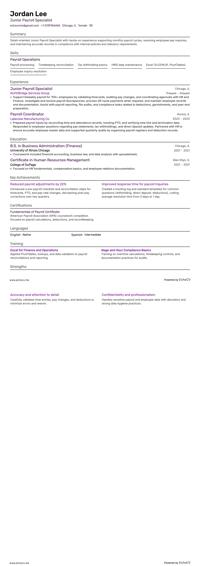 初級薪資專員 example resume