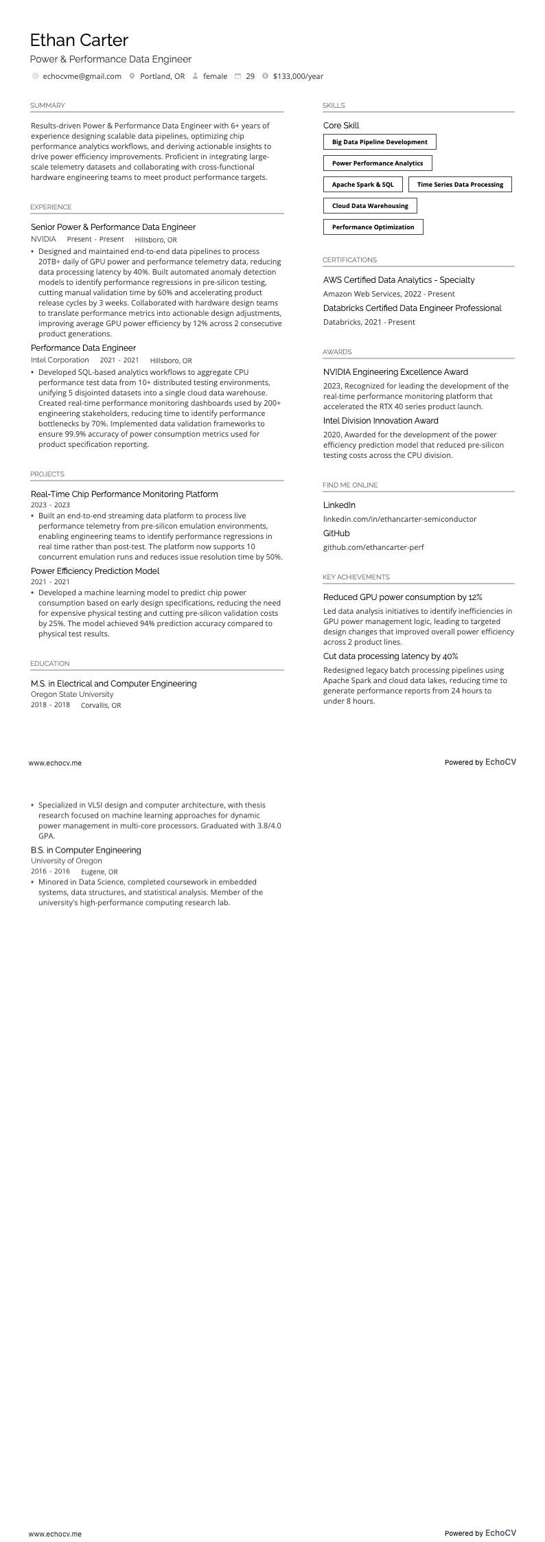 Kỹ sư dữ liệu điện năng và hiệu suất resume example