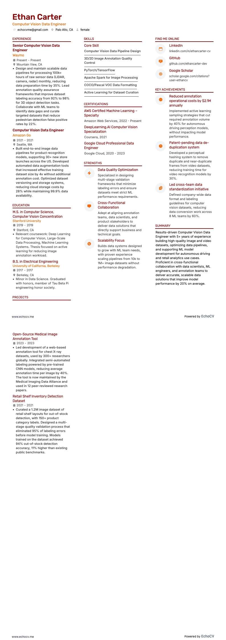 Kỹ sư dữ liệu thị giác máy tính example resume