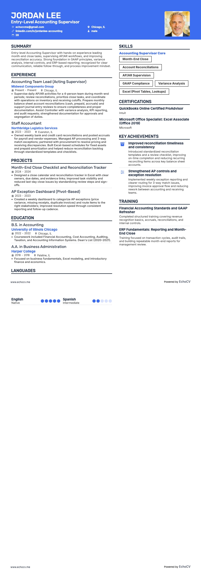 Accounting supervisor op instapniveau example resume