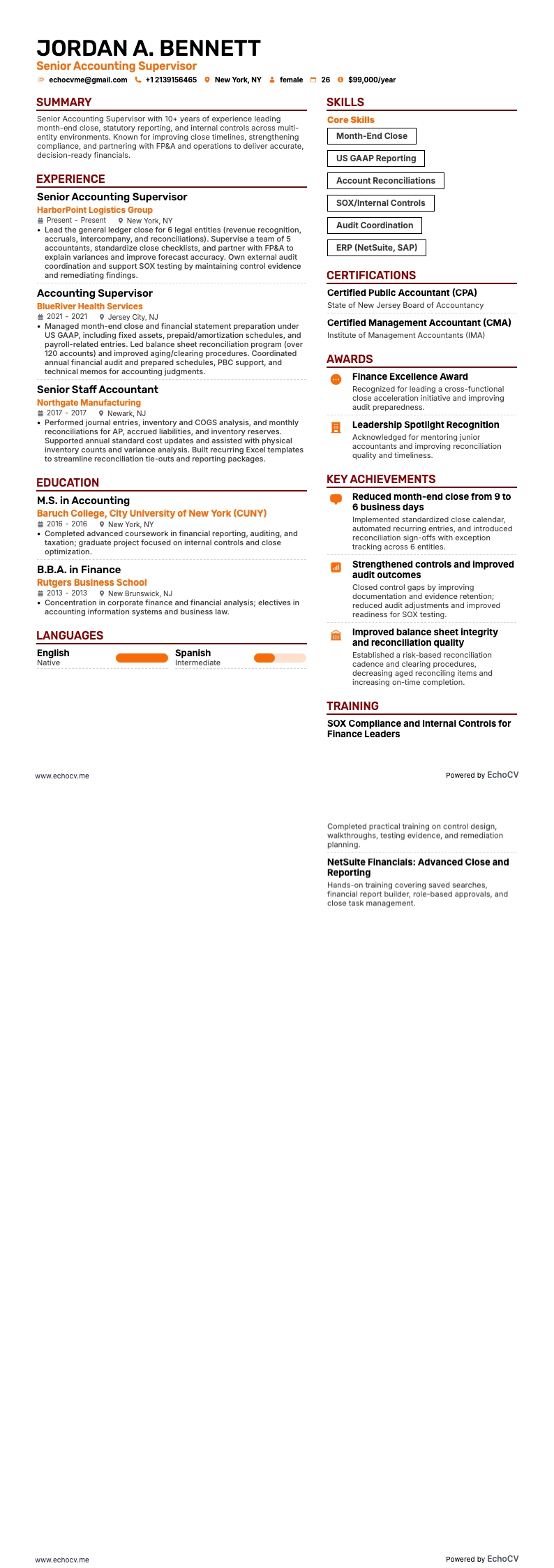 Supervisor boekhouding resume example