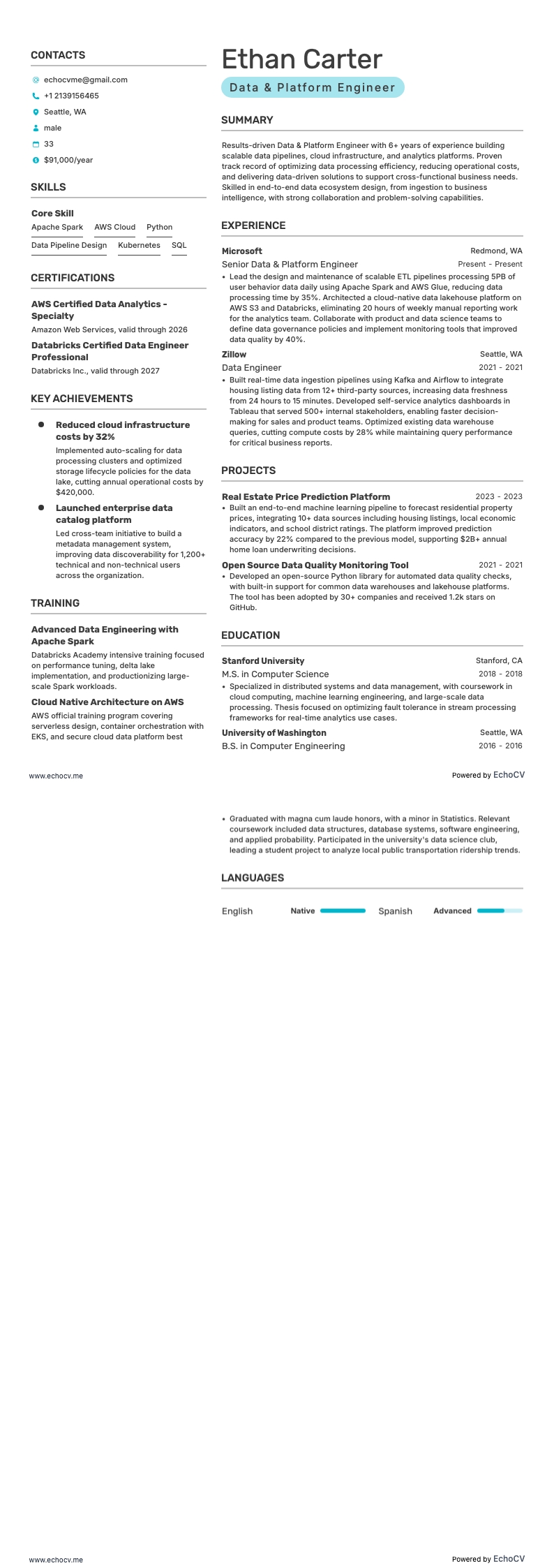 Kỹ sư Dữ liệu & Nền tảng example resume