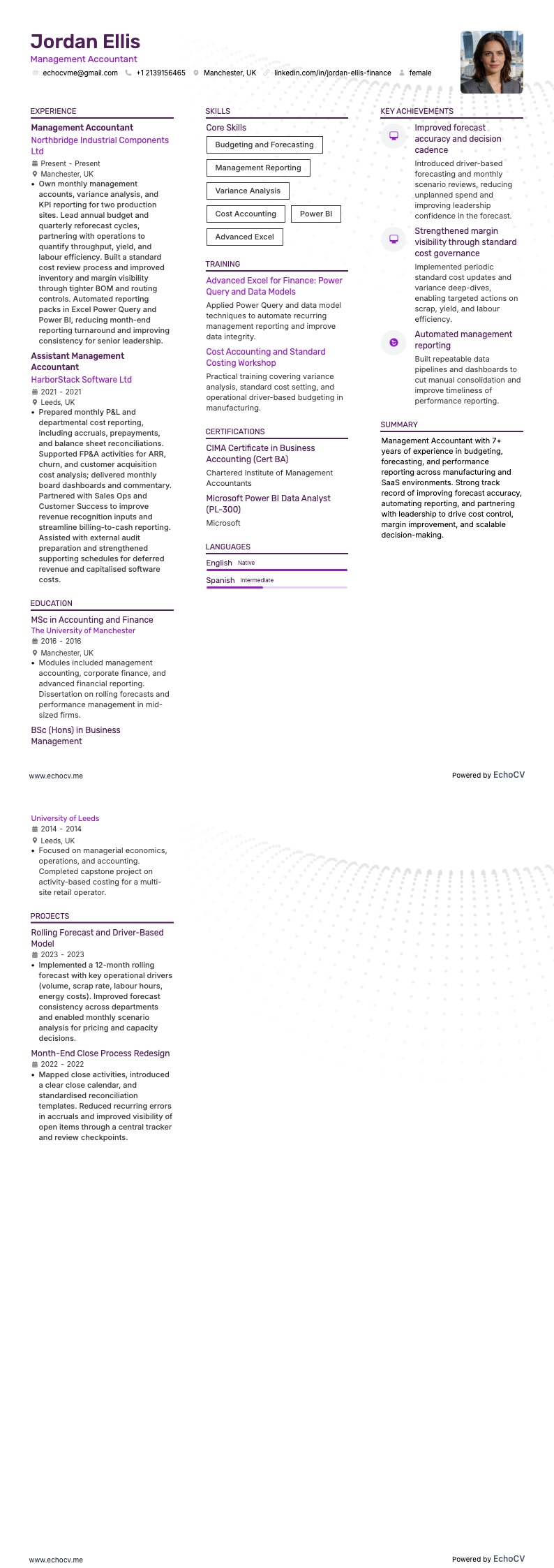 Management accounting resume example